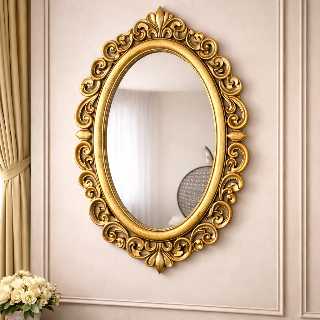 Classic Oval MDF Wall Mirror with Ornate Gold Decorative Frame