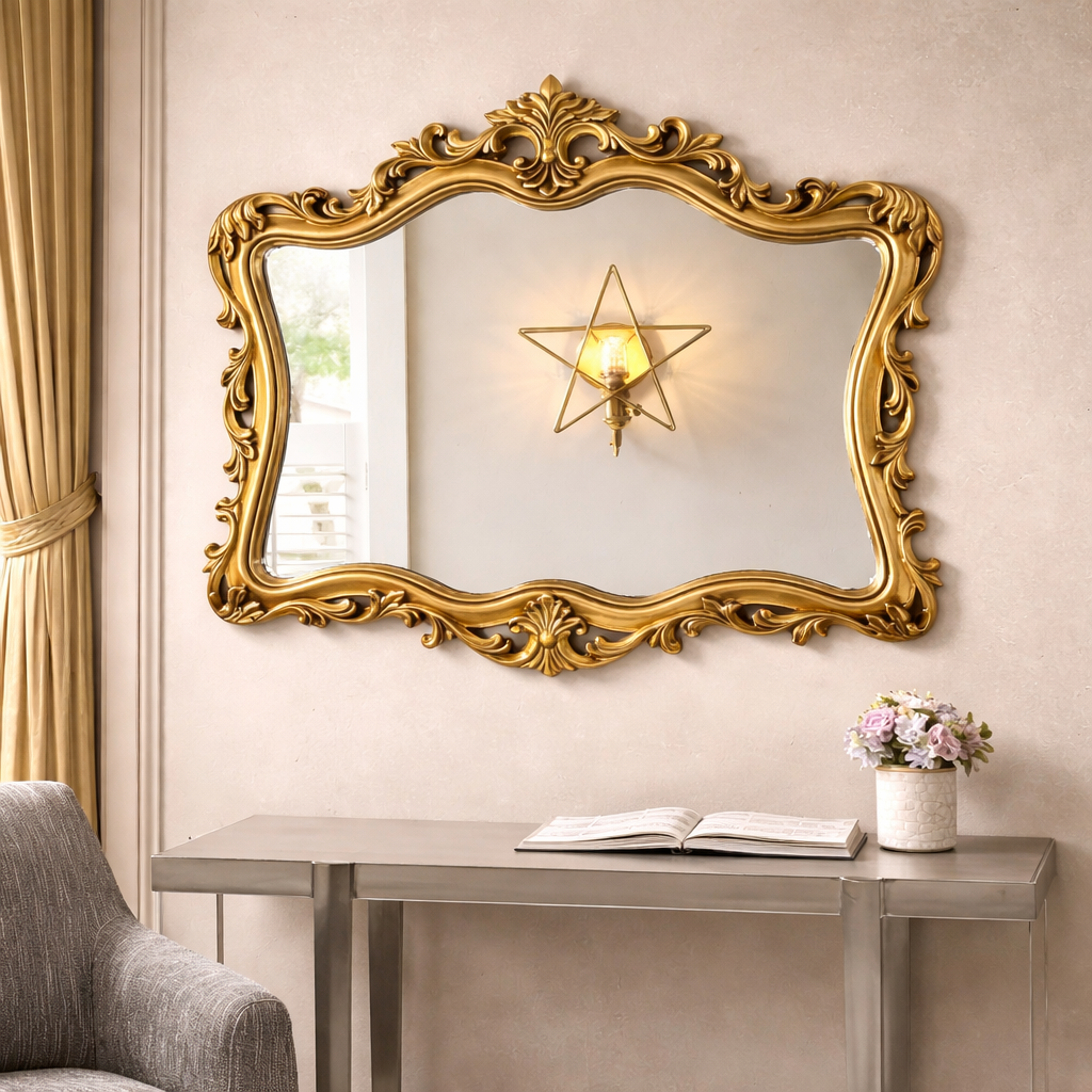 Designer MDF Wall Mirror with Ornate Curved Silver Finish Frame