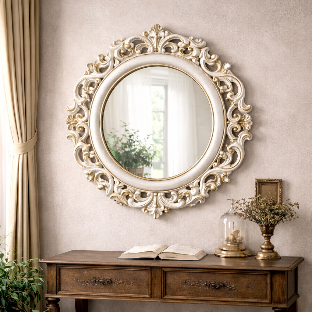 Antique Style Round MDF Wall Mirror with Ornate Ivory Gold Frame