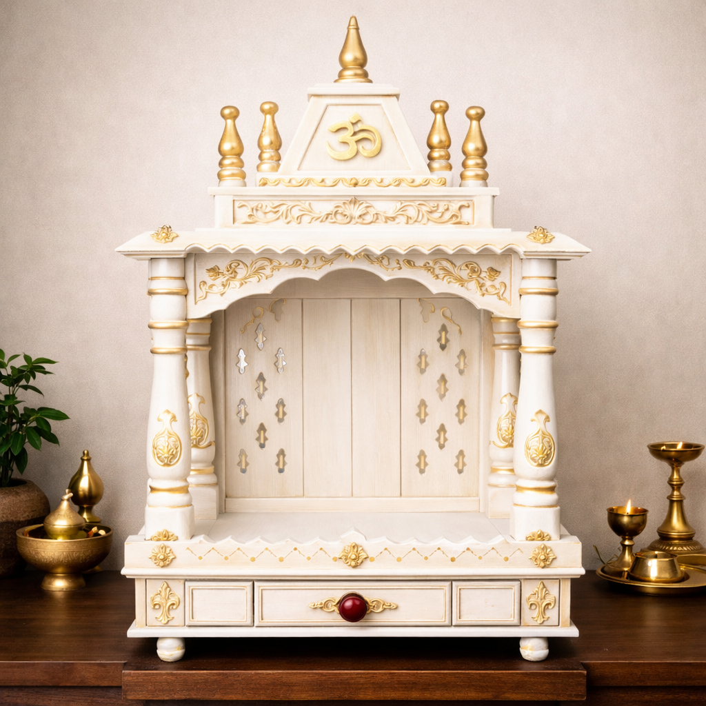 Royal Blue Temple-Style Teakwood Mandir with Ornamental Pillars and Triple Drawer Base