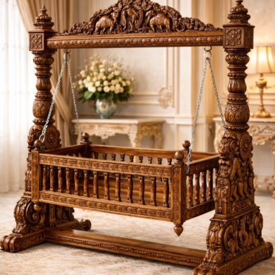 Temple-Inspired Hand-Carved Teakwood Baby Jhula Cradle with Ornamental Heritage Frame
