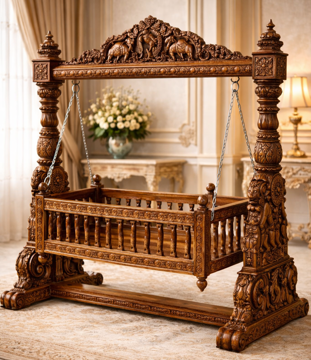 Temple-Inspired Hand-Carved Teakwood Baby Jhula Cradle with Ornamental Heritage Frame