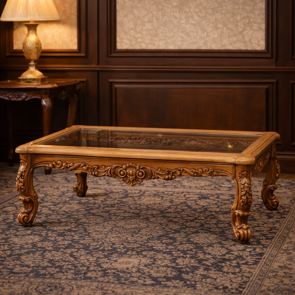 Royal Heart-Shape Teakwood Hand-Carved Sofa Set with Center Table