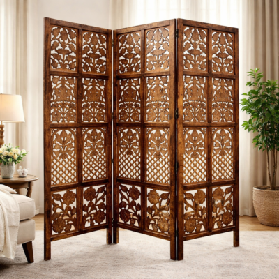Hand-Carved Teakwood 3-Panel Room Divider (Partition) with Floral Jali Work