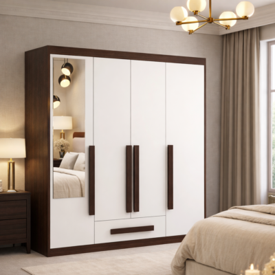 Premium Solid Teakwood 4 Door Wardrobe with Mirror Panel & Designer Handles