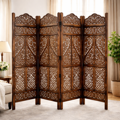 Royal Hand-Carved Teakwood 4-Panel Folding Room Divider (Partition)