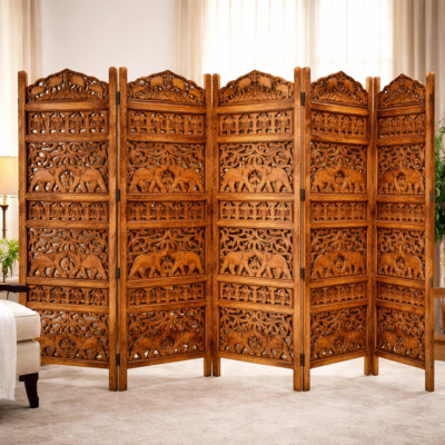 Grand Elephant Carved Teakwood 5-Panel Folding Room Divider (Partition)