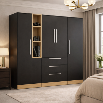 Premium Solid Teakwood 5 Door Wardrobe with Open Display & Drawer Storage