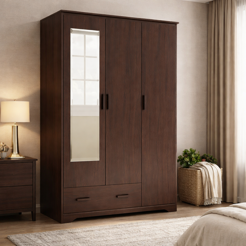 Classic Solid Teakwood 3 Door Wardrobe with Mirror Panel & Bottom Drawer