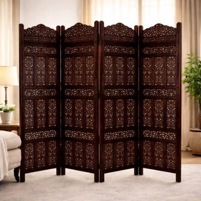 Classic Dark Finish Teakwood 4-Panel Jali Room Divider (Partition)