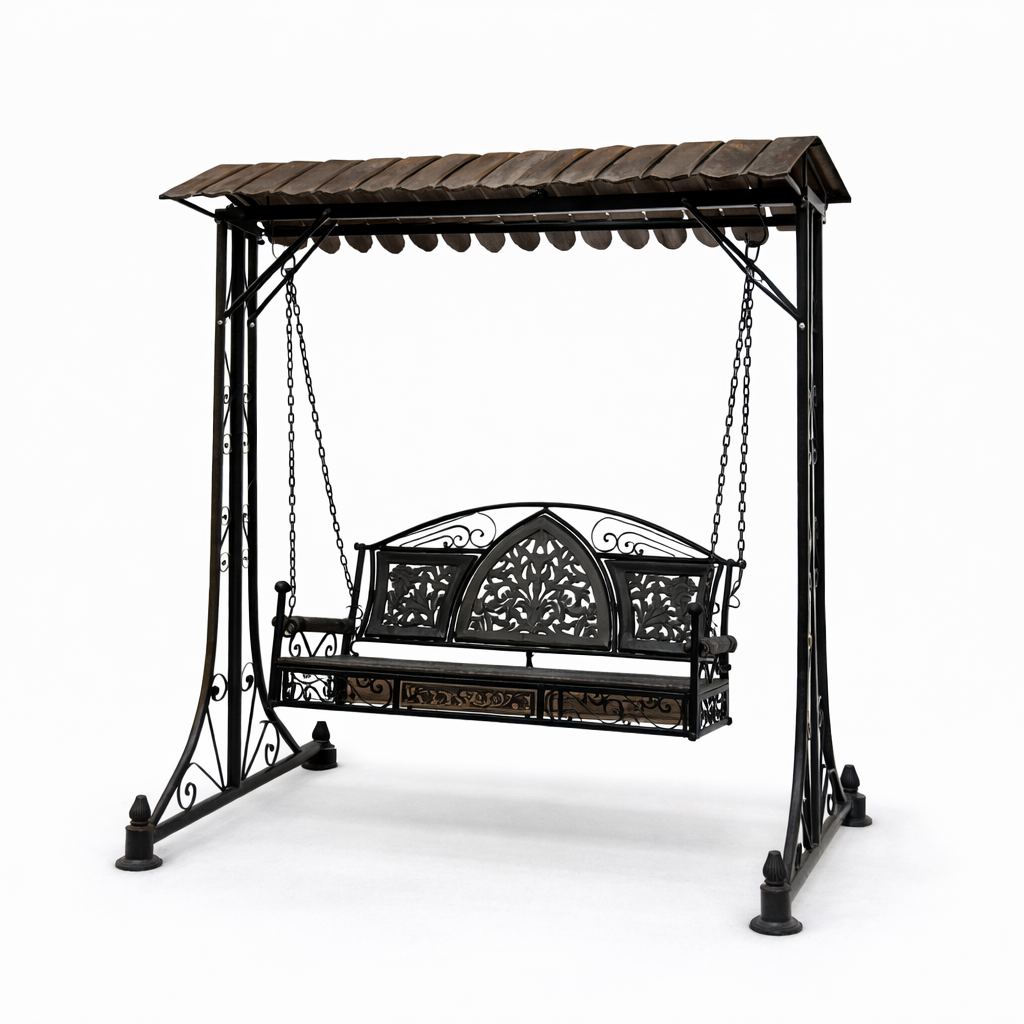 Regal Canopy Teakwood Garden Swing with Decorative Metal Frame and Roof