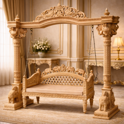 Majestic Palace Hand-Carved Teakwood Grand Jhula Swing with Ornamental Elephant Base