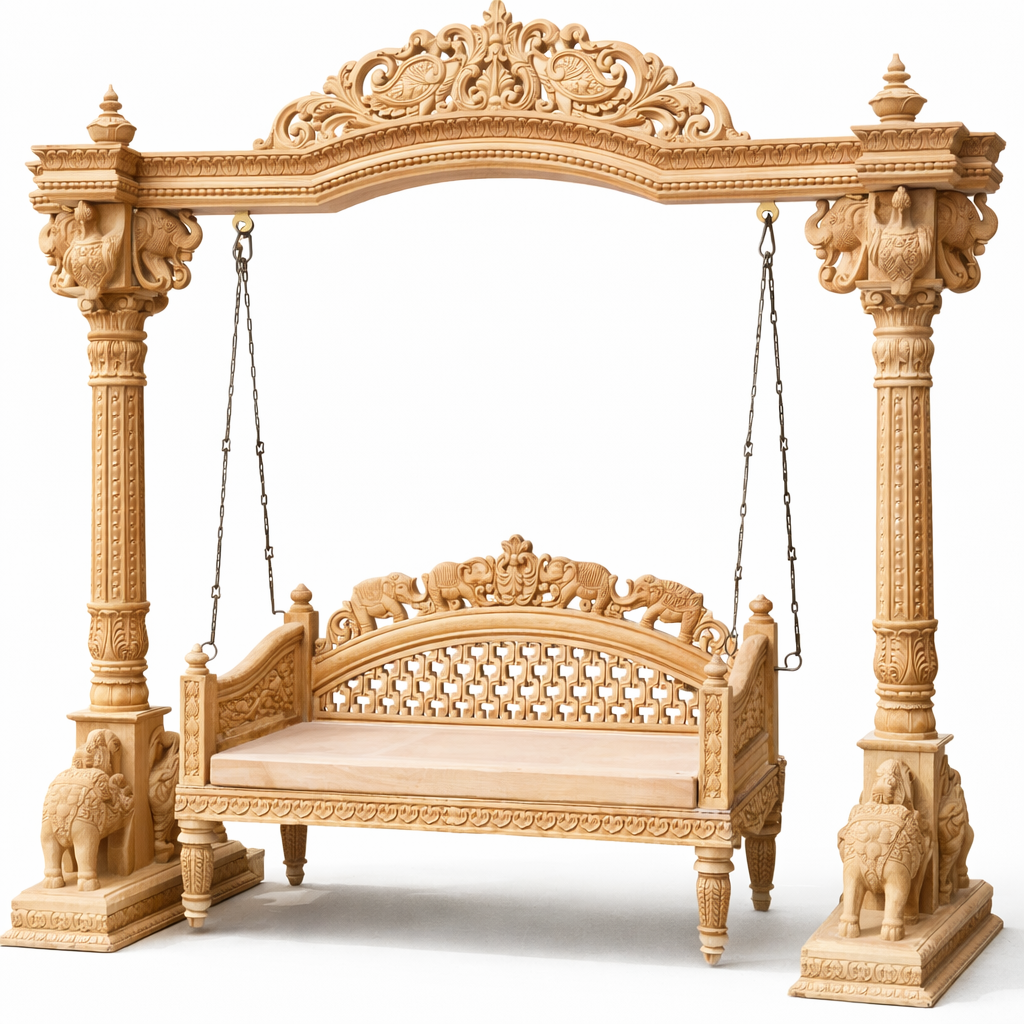 Majestic Palace Hand-Carved Teakwood Grand Jhula Swing with Ornamental Elephant Base