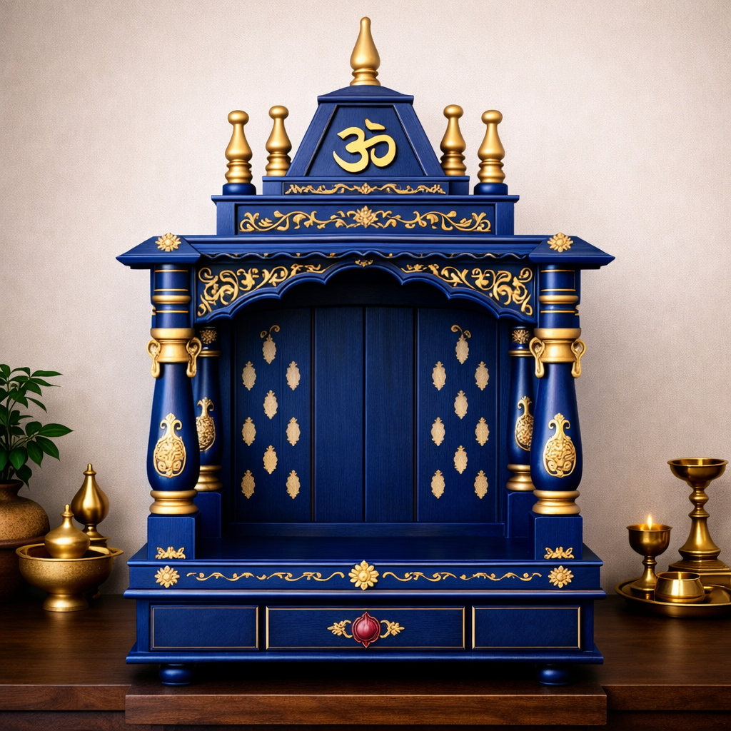 Royal Blue Temple-Style Teakwood Mandir with Ornamental Pillars and Triple Drawer Base