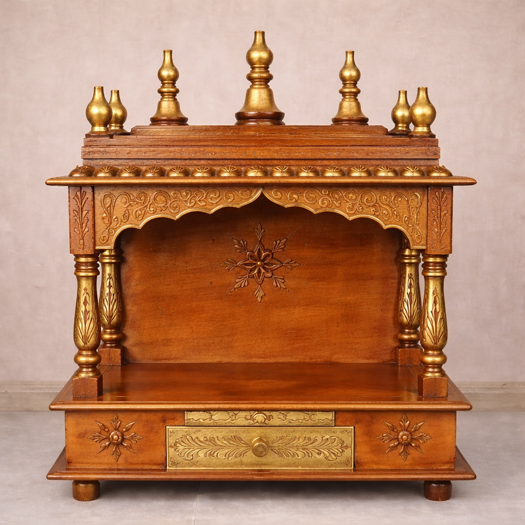 Emerald Scrollwork Hand-Painted Teakwood Mandir with Ornamental Arch and Drawer Storage