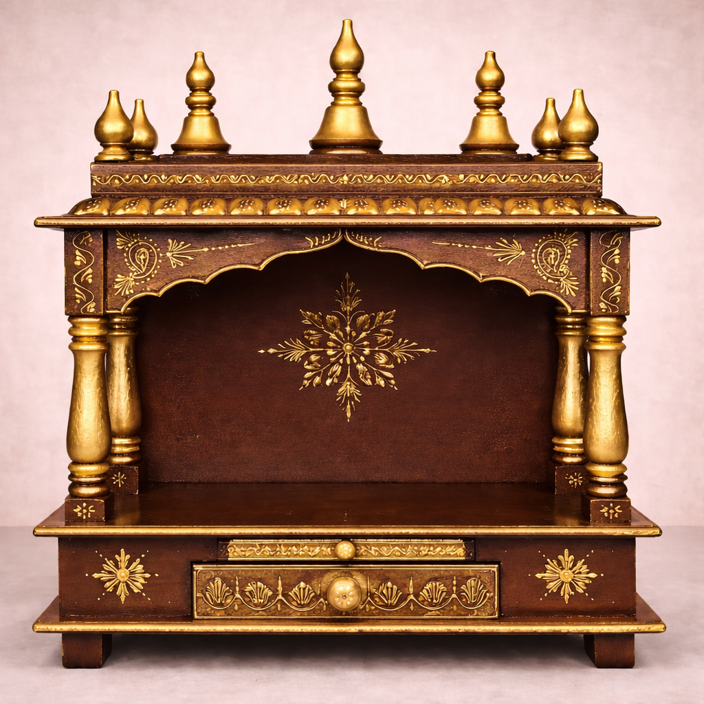 Traditional Open-Arch Hand-Painted Teakwood Mandir with Drawer Storage