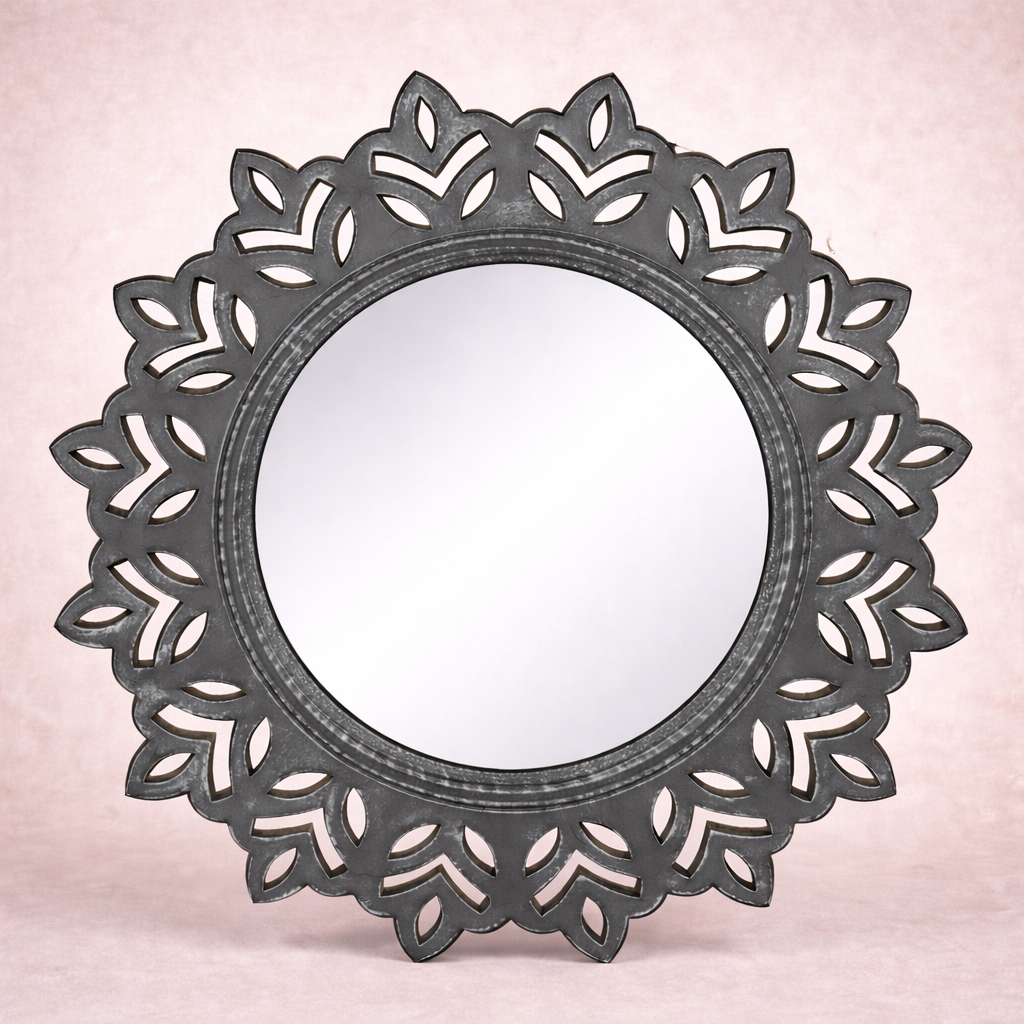 Pastel Round MDF Wall Mirror with Decorative Leaf Cutwork Frame