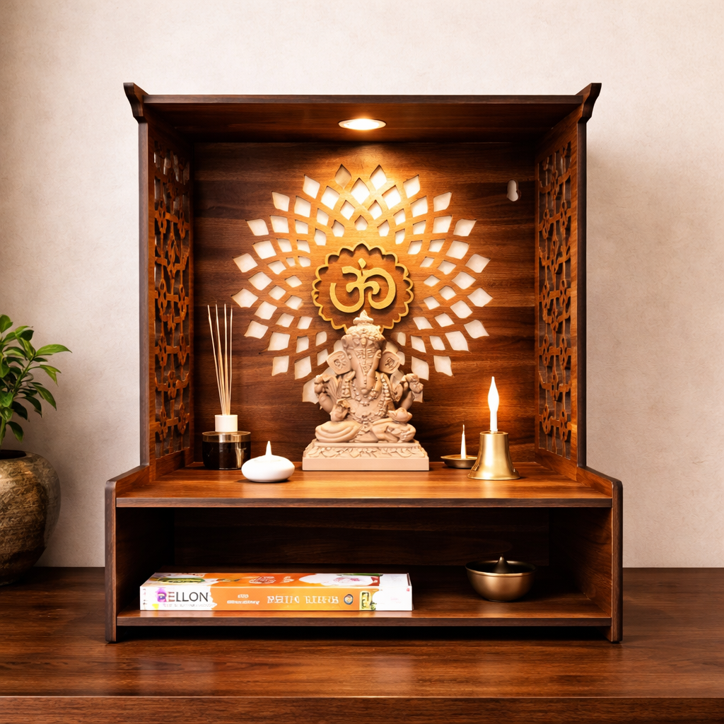 Modern Open-Shelf MDF Mandir with Backlit Om Panel and Storage Base