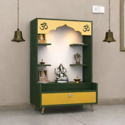 Multicolor Jaali-Door Hand-Painted MDF Mandir with Dual Doors and Storage