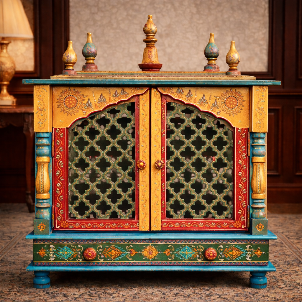 Multicolor Jaali-Door Hand-Painted Teakwood Mandir with Dual Doors and Storage