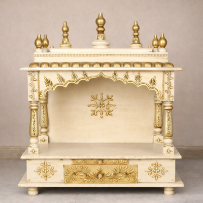 Ivory Gold Hand-Painted Teakwood Mandir with Ornamental Arch and Drawer Storage
