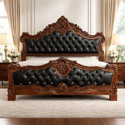 Royal Majesty Teakwood Upholstered Carved Storage Bed  | LW - 6.5 x 6 Ft |