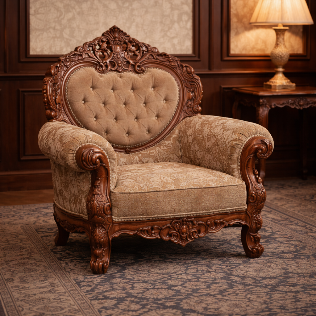 Royal Heart-Shape Teakwood Hand-Carved Sofa Set with Center Table