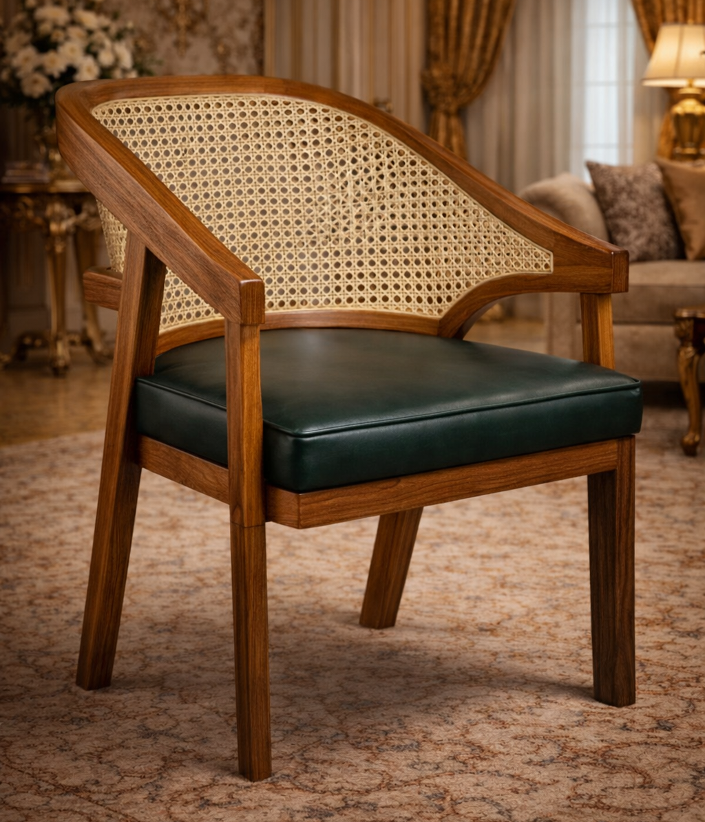 Cane Back Teakwood Accent Arm Chair with Upholstered Seat