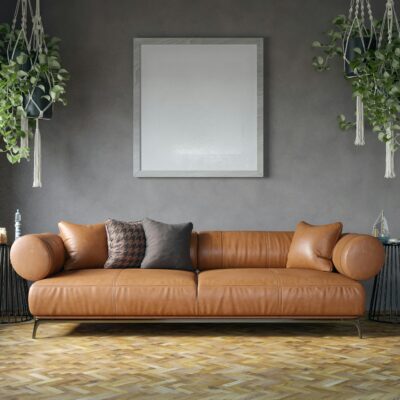 Contemporary Tan Leather Sofa with Solid Teakwood Frame