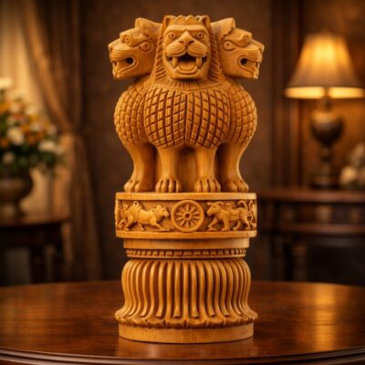 Artisan Crafted Teak Wood Ashoka Lion Capital Sculpture