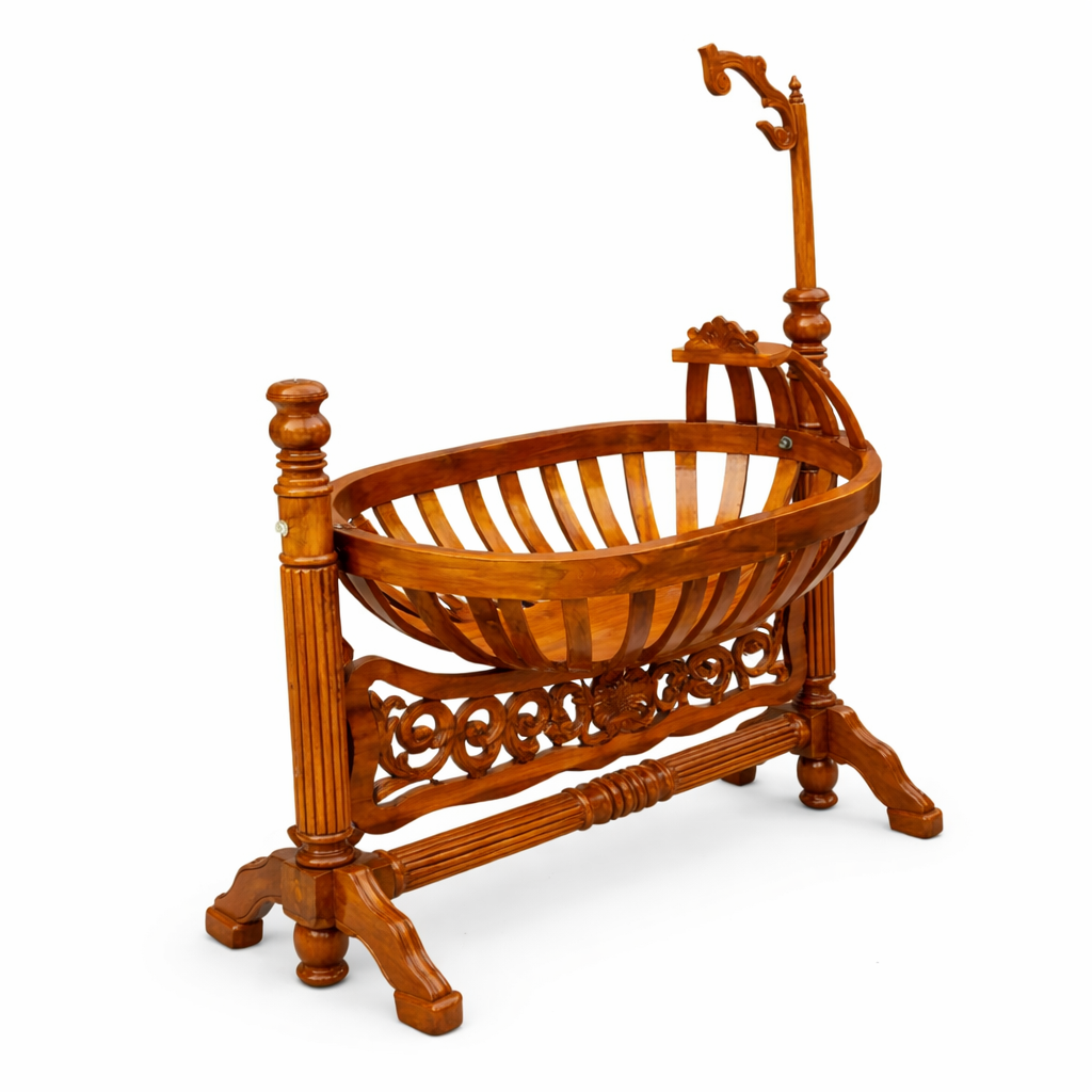 Royal Basket-Style Handcrafted Teakwood Baby Cradle with Sculpted Support Frame