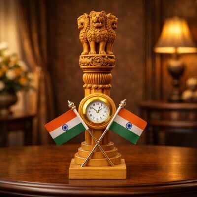 Premium Ashoka Lion Capital Table Clock with Indian Flags Solid Teak Wood