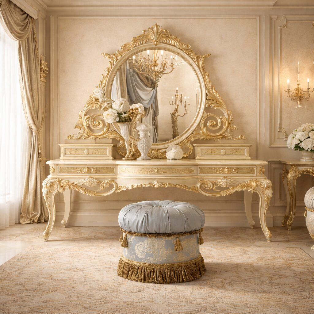 Imperial Round Crown Teakwood Dressing Console with Grand Carved Gold Frame