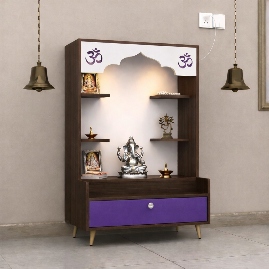 Multicolor Jaali-Door Hand-Painted MDF Mandir with Dual Doors and Storage