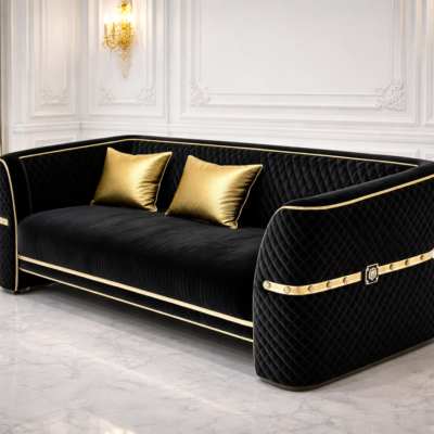 Luxury Black Quilted Sofa with Gold Accents – Solid Teakwood Frame