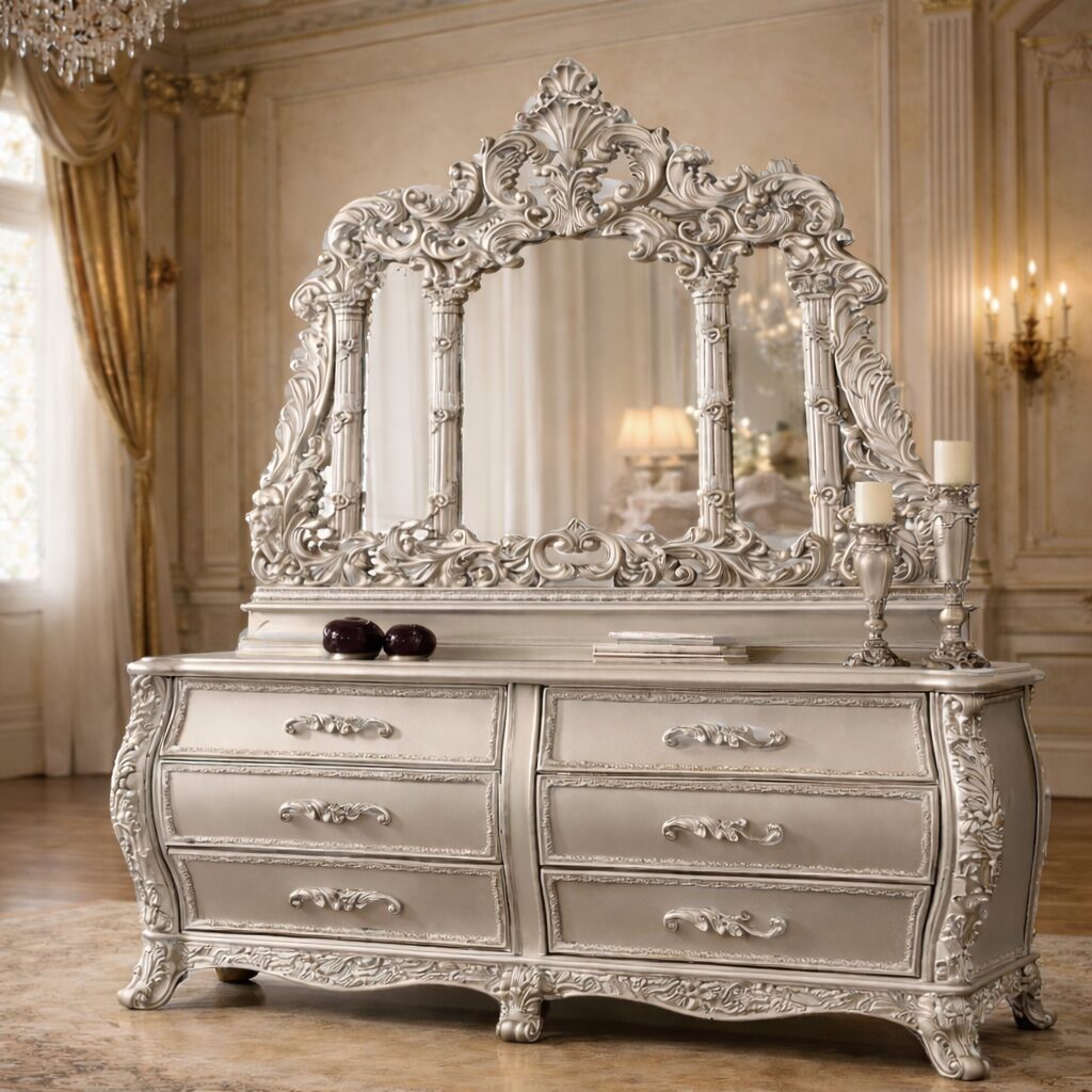 Grand Royal Maharaja Teakwood Dressing Console with Ornate Crown Mirror & Gold Detailing