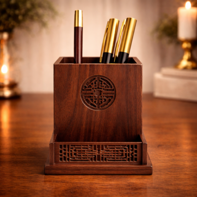 Carved Motif Teakwood Pen Stand with Decorative Base Detailing