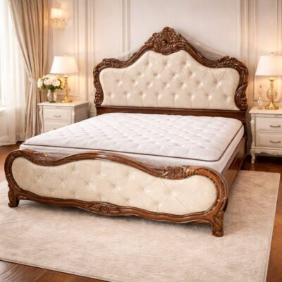 Royal Classic Teakwood Upholstered Carved Bed | LW – 6.5 x 6 Ft |