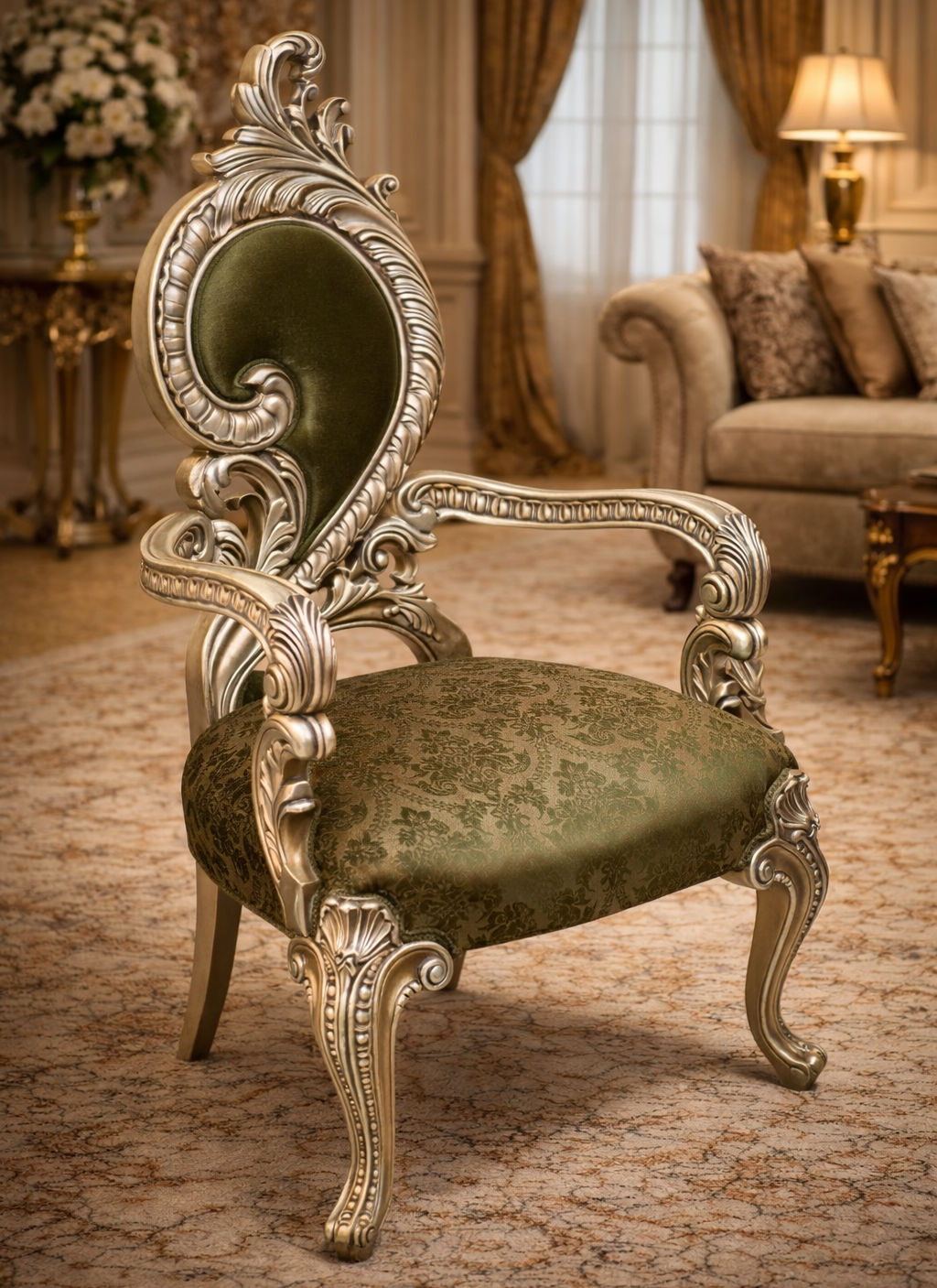 Royal Carved Teakwood Accent Chair with Upholstered Backrest