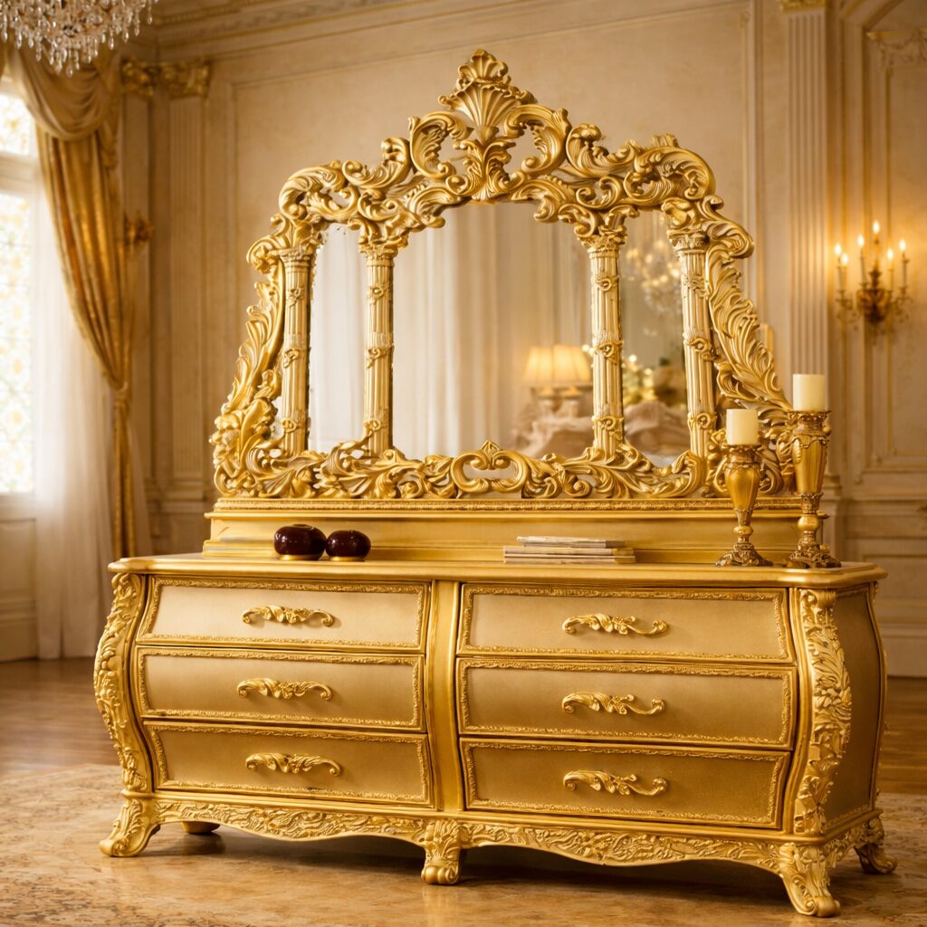 Grand Royal Maharaja Teakwood Dressing Console with Ornate Crown Mirror & Gold Detailing