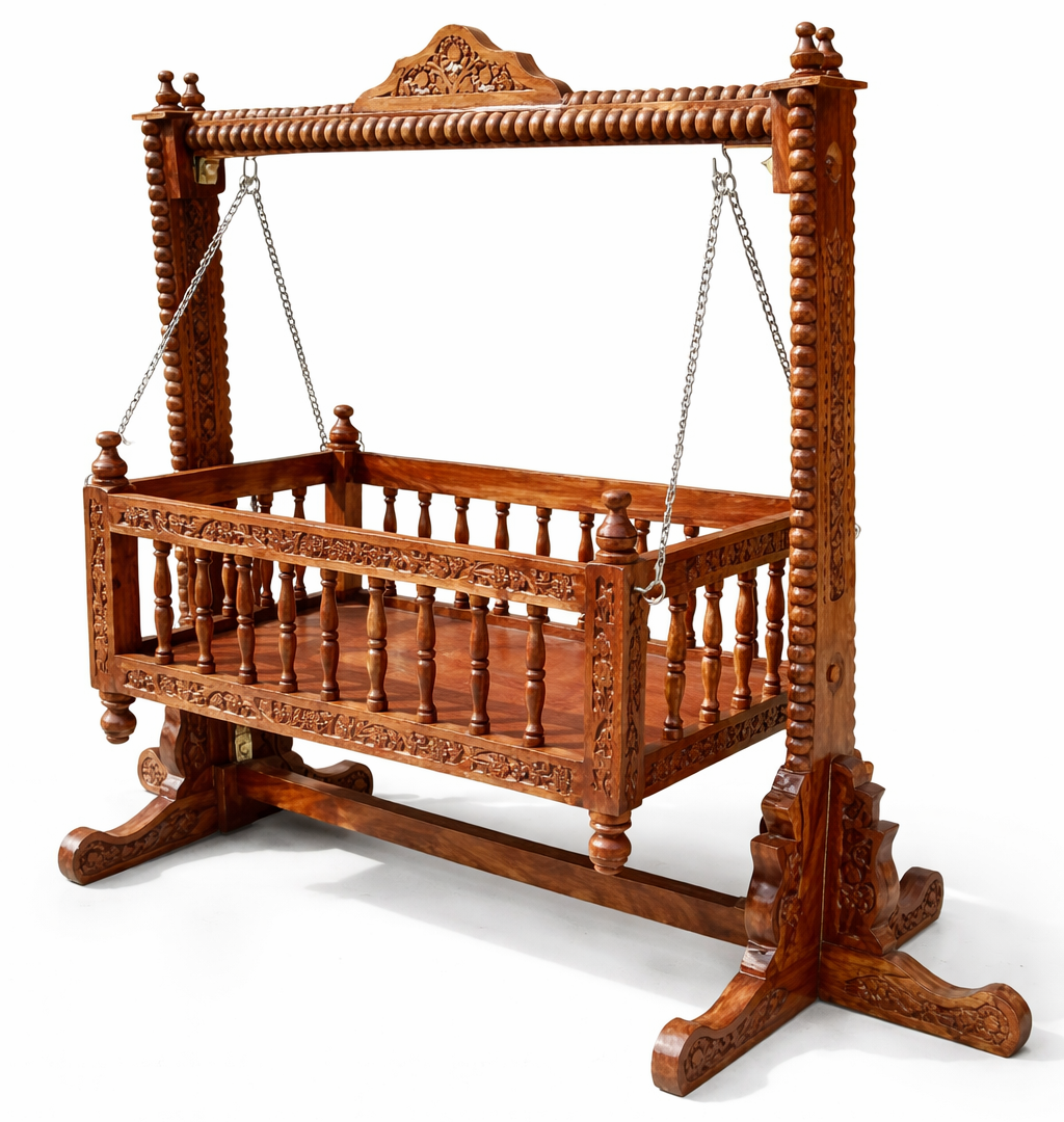 Grand Heritage Spiral-Pillar Hand-Carved Teakwood Baby Jhula Cradle with Freestanding Frame