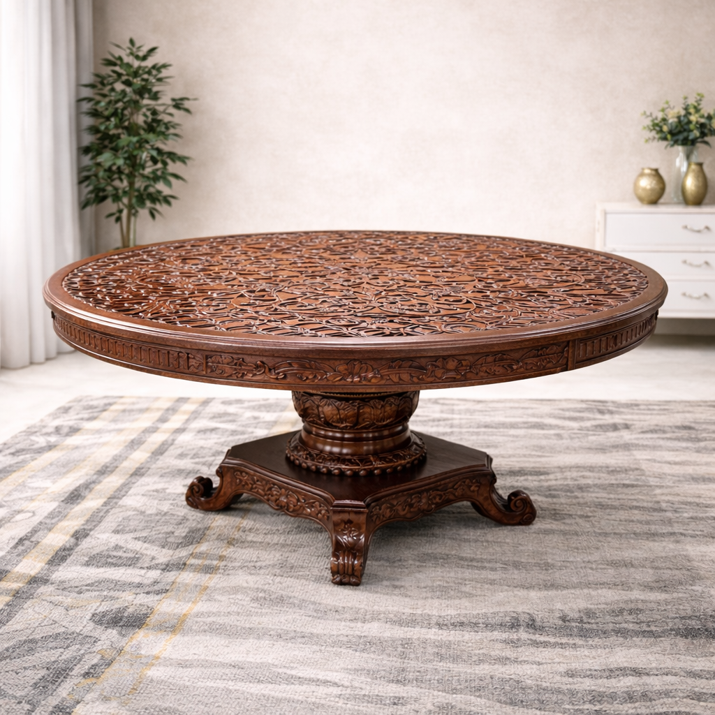 Royal Hand-Carved 8-Seater Round Dining Set in Teakwood