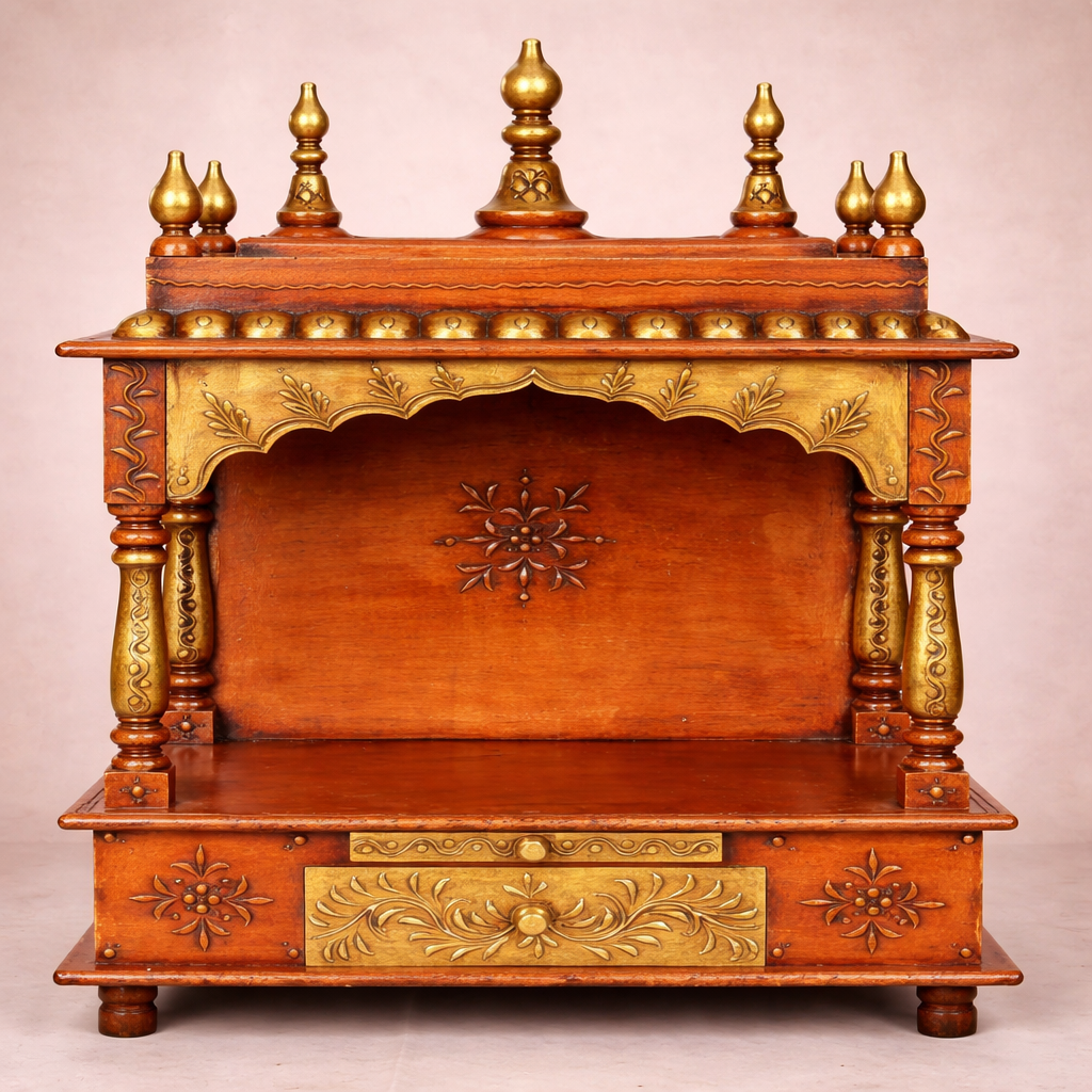 Emerald Heritage Hand-Painted Teakwood Mandir with Open Arch and Drawer Storage