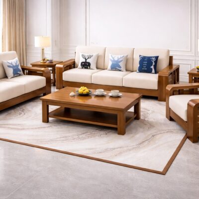 Contemporary Solid Teakwood Living Room 6 seater Sofa Set with Center Table