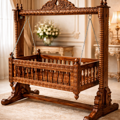 Classic Regal Spiral-Pillar Hand-Carved Teakwood Baby Jhula Cradle with Freestanding Frame