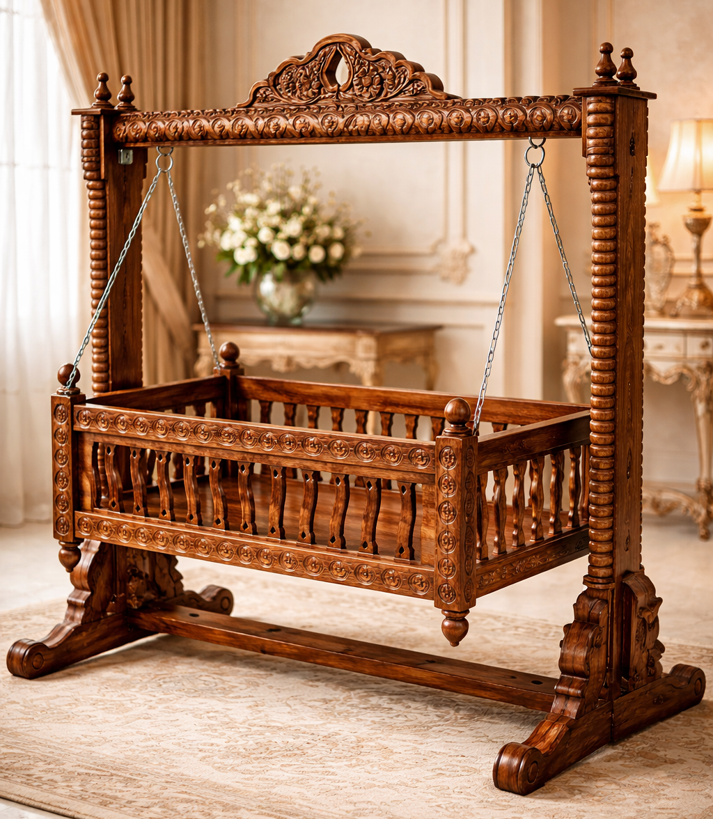 Classic Regal Spiral-Pillar Hand-Carved Teakwood Baby Jhula Cradle with Freestanding Frame