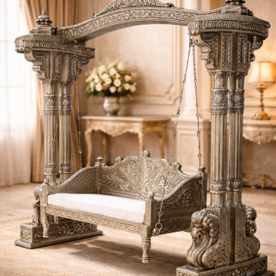 Imperial Columned Hand-Carved Teakwood Grand Jhula Swing with Architectural Arch Frame