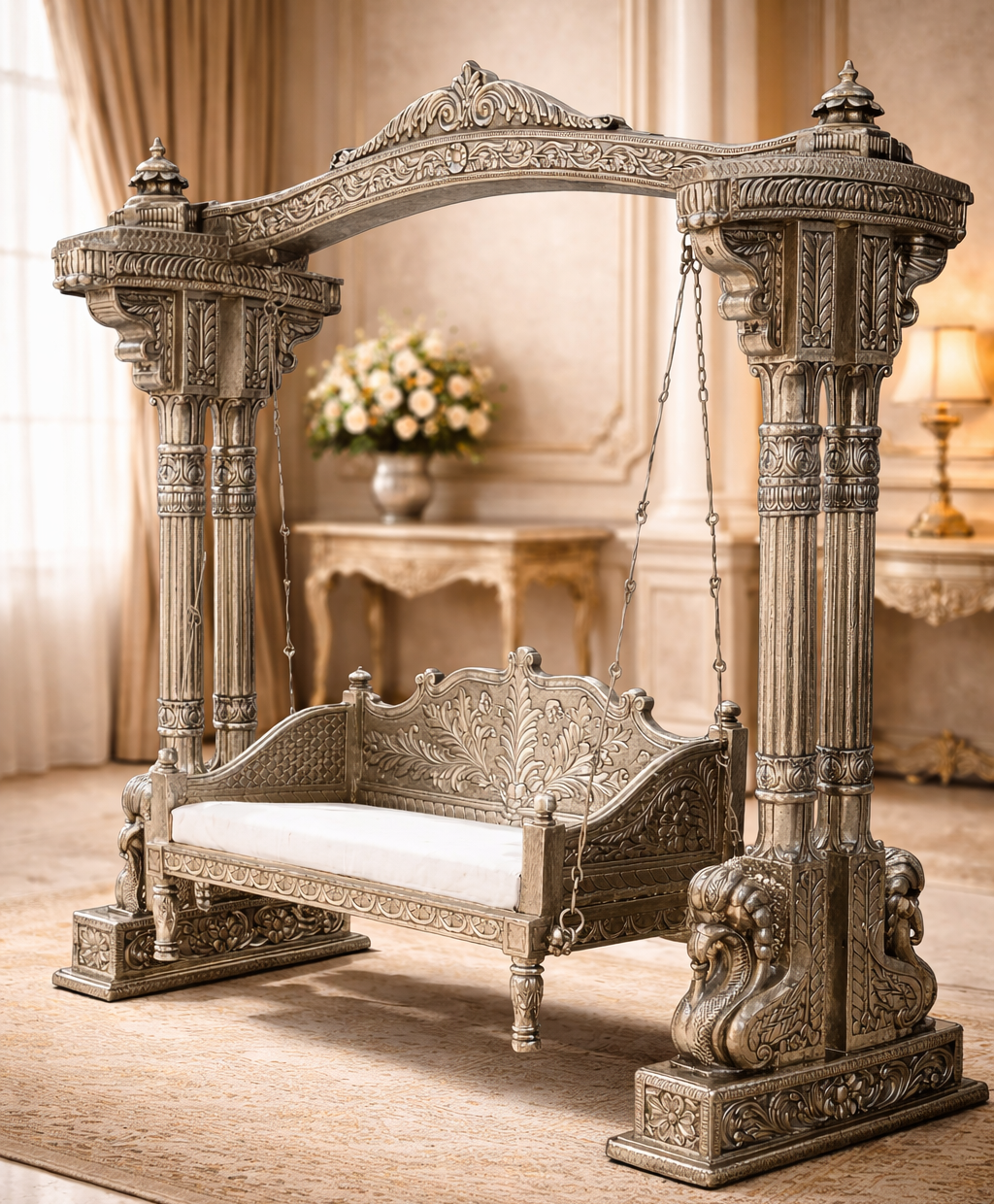 Imperial Columned Hand-Carved Teakwood Grand Jhula Swing with Architectural Arch Frame