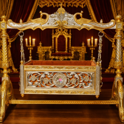 Imperial Palace Hand-Carved Teakwood Baby Jhula Cradle with Ornamental Royal Frame