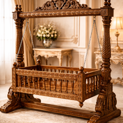 Royal Heritage Hand-Carved Teakwood Baby Jhula Cradle with Sculpted Crest Frame